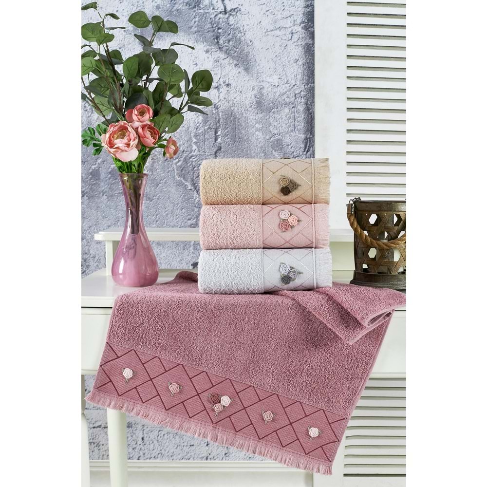 Rose Natural El İşi Nakışlı 4'lü Havlu Seti 50x90